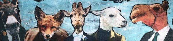 Painting of 5 business men - a donkey, a fox, a giraffe, a goat, and a camel