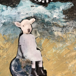 Beach Lamb. She's sitting on the world, although I think it looks like she's in a wheel chair, but it's the world. She's also unsure as to why she's at the beach. An original anthropomorphic painting