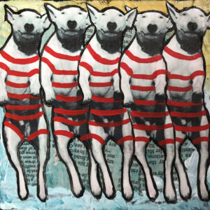 Gang of 5 Bull Terriers. Dressed in their best swim suits, waiting for the race. They're all winners! An original anthropomorphic painting