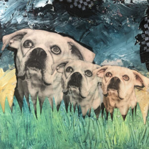 Three of Us. Three of us sitting in the tall grass getting bitten by mosquitos. When this is over, we're going to get back inside. An original anthropomorphic painting