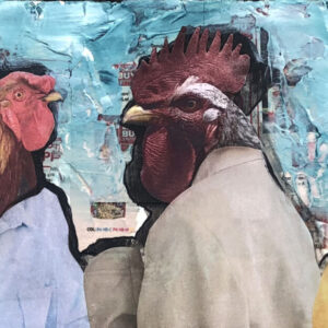 Chickens in the Office. The chickens really resent being controlled by the sly fox, as he has a bit of an attitude. An original anthropomorphic painting