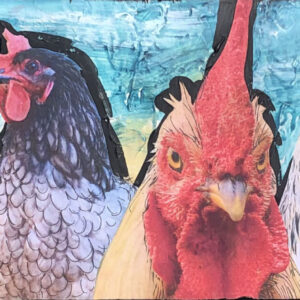 Chickens in the Yard - these are all of the girls before they get dolled-up to go to the office and work for the controlling Mr. Fox. An original anthropomorphic painting